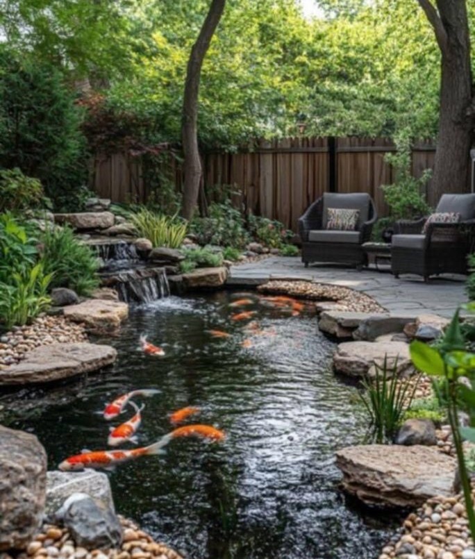 Hồ Koi với sàn gỗ và chòi nghỉ sang trọng